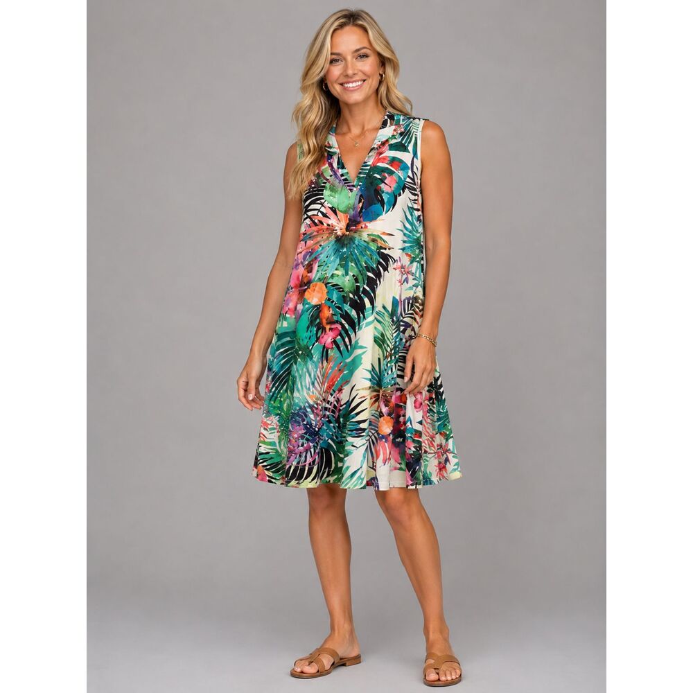 Chicos Tropical Floral Sleeveless Swing Dress Sz 0/6 Colorful Resort Vacation